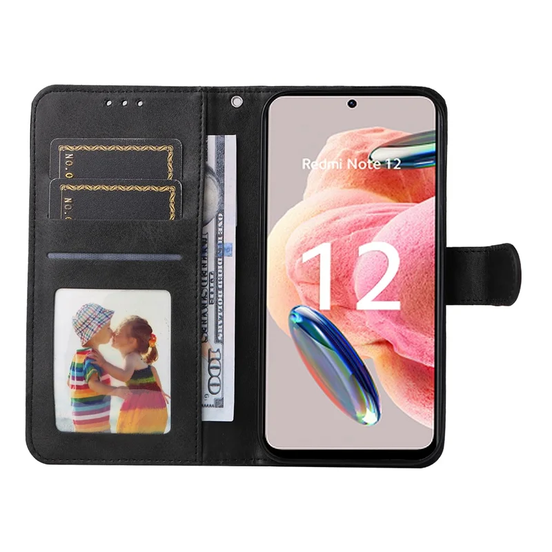 Pour Xiaomi Redmi Note 12 4G Calf Texture Leather Phone Case Stand Wallet Phone Cover with Strap - Noir