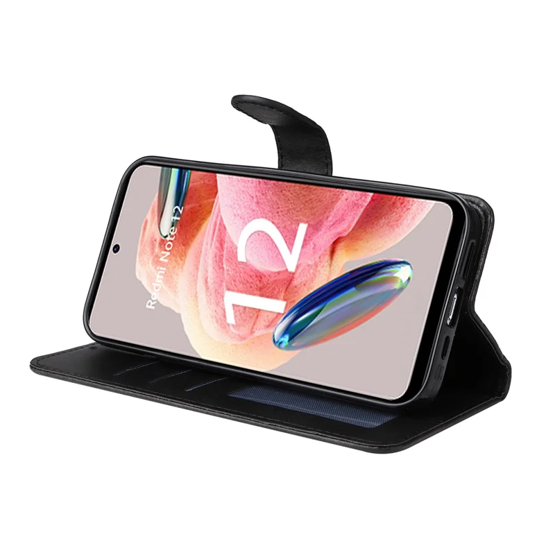 Pour Xiaomi Redmi Note 12 4G Calf Texture Leather Phone Case Stand Wallet Phone Cover with Strap - Noir