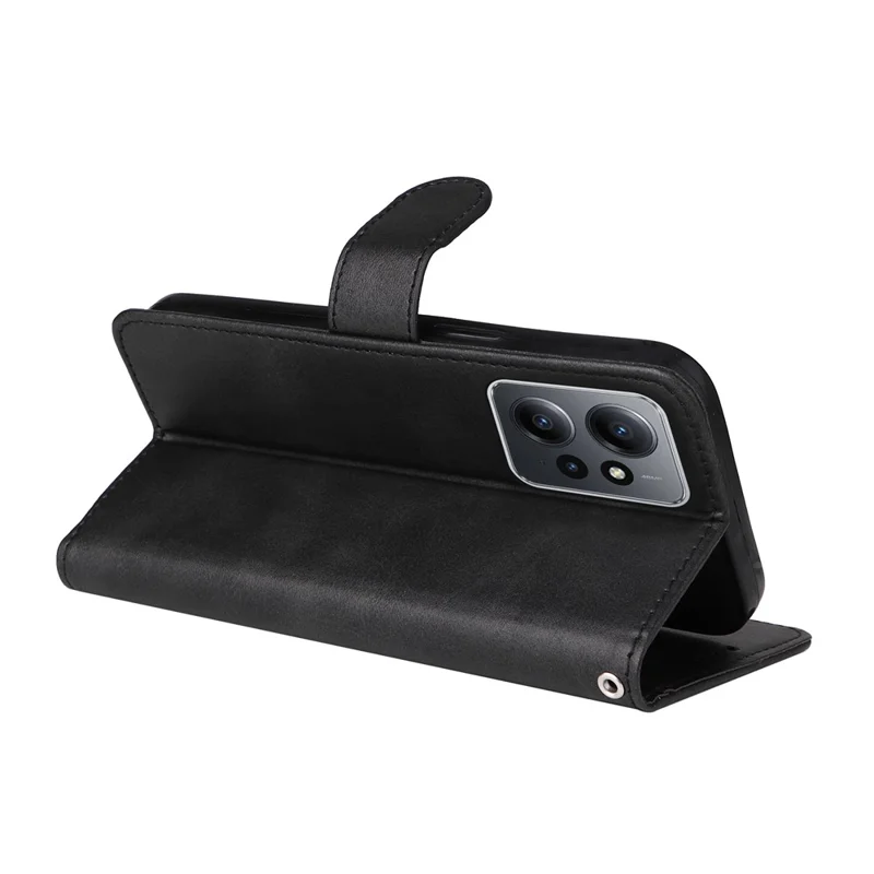 Pour Xiaomi Redmi Note 12 4G Calf Texture Leather Phone Case Stand Wallet Phone Cover with Strap - Noir