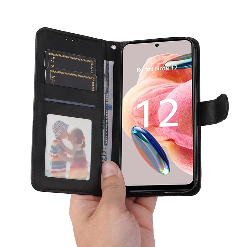 Pour Xiaomi Redmi Note 12 4G Calf Texture Leather Phone Case Stand Wallet Phone Cover with Strap - Noir