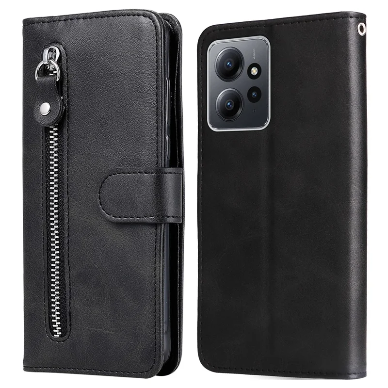 Para Xiaomi Redmi Note 12 4G Zipper Pocket Leather Case Calf Texture Stand Wallet Phone Cover - Preto