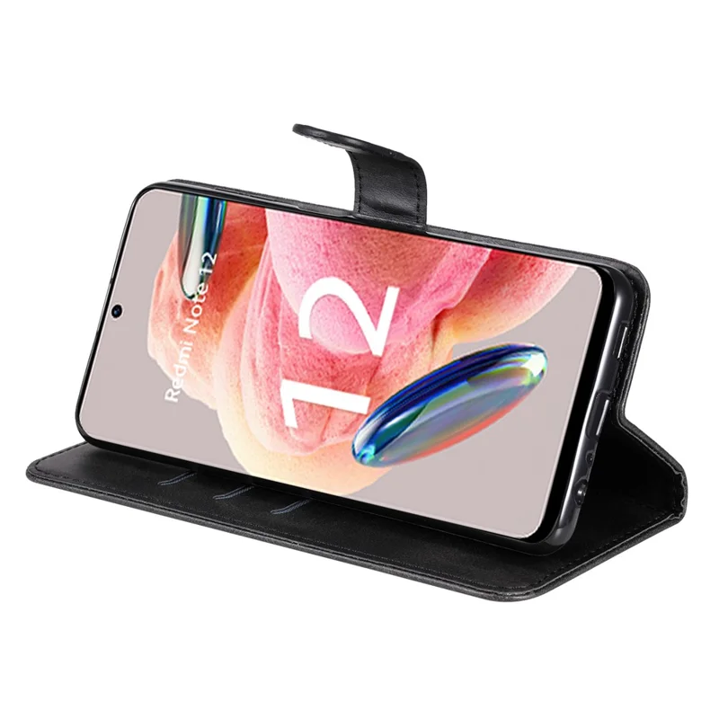 Para Xiaomi Redmi Note 12 4G Zipper Pocket Leather Case Calf Texture Stand Wallet Phone Cover - Preto