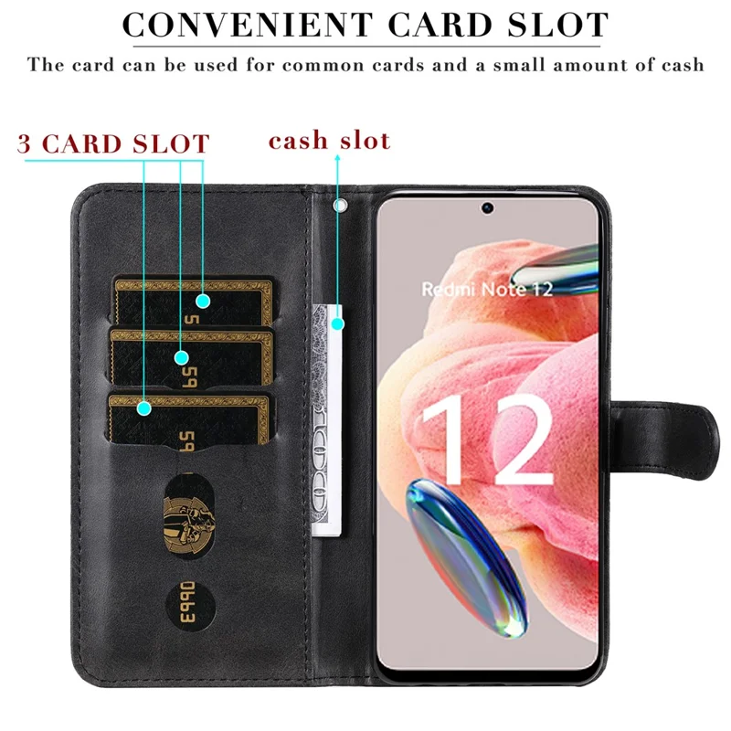 Para Xiaomi Redmi Note 12 4G Zipper Pocket Leather Case Calf Texture Stand Wallet Phone Cover - Preto