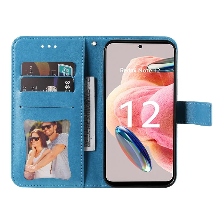 Per Xiaomi Redmi Note 12 4G Flower Imprinting Phone Leather Case Stand Wallet Phone Cover - Blue