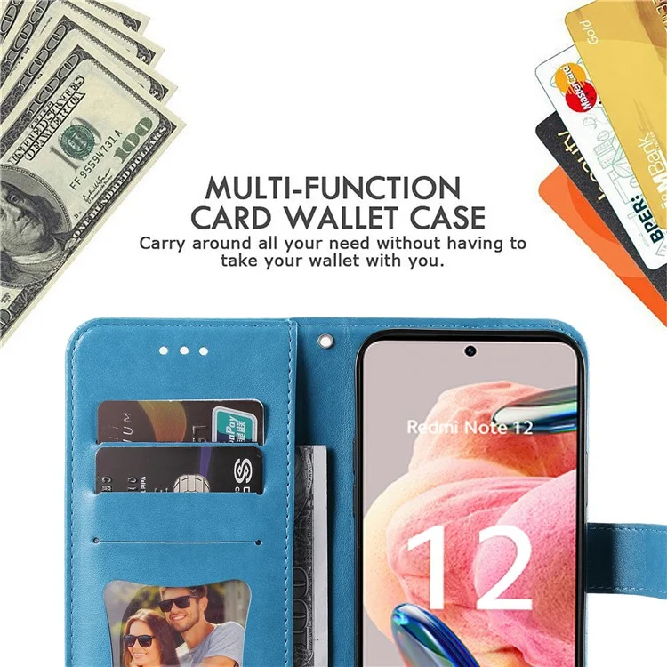 Per Xiaomi Redmi Note 12 4G Flower Imprinting Phone Leather Case Stand Wallet Phone Cover - Blue
