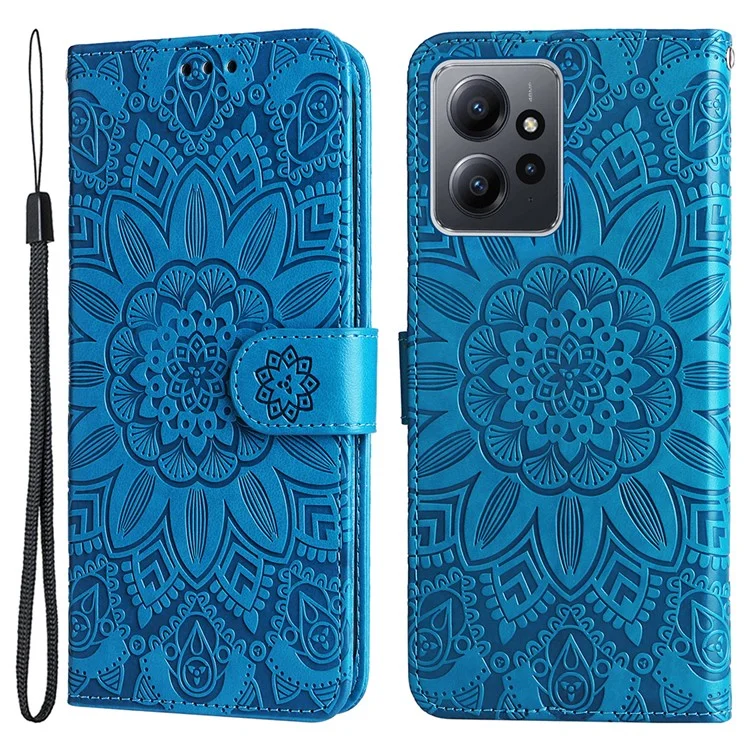Für Xiaomi Redmi Note 12 4G Smartphone Brieftasche Hülle PU-Leder Sonnenblumen Prägung Ständer Cover mit Riemen - Blau