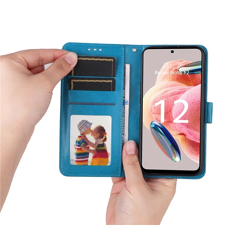 Für Xiaomi Redmi Note 12 4G Smartphone Brieftasche Hülle PU-Leder Sonnenblumen Prägung Ständer Cover mit Riemen - Blau