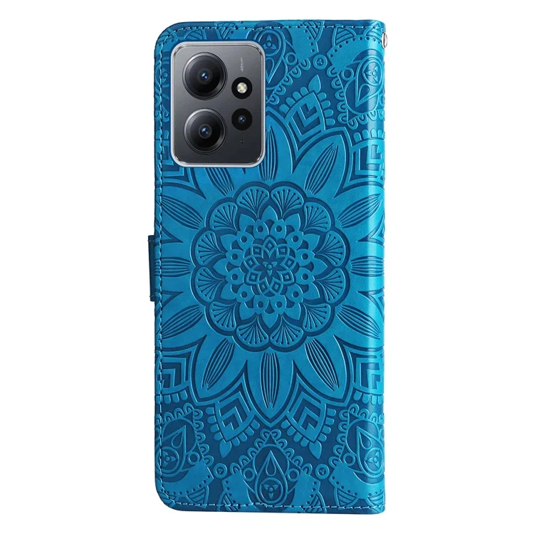 Für Xiaomi Redmi Note 12 4G Smartphone Brieftasche Hülle PU-Leder Sonnenblumen Prägung Ständer Cover mit Riemen - Blau