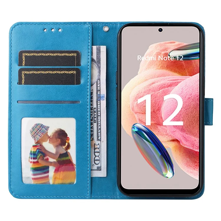 Für Xiaomi Redmi Note 12 4G Smartphone Brieftasche Hülle PU-Leder Sonnenblumen Prägung Ständer Cover mit Riemen - Blau