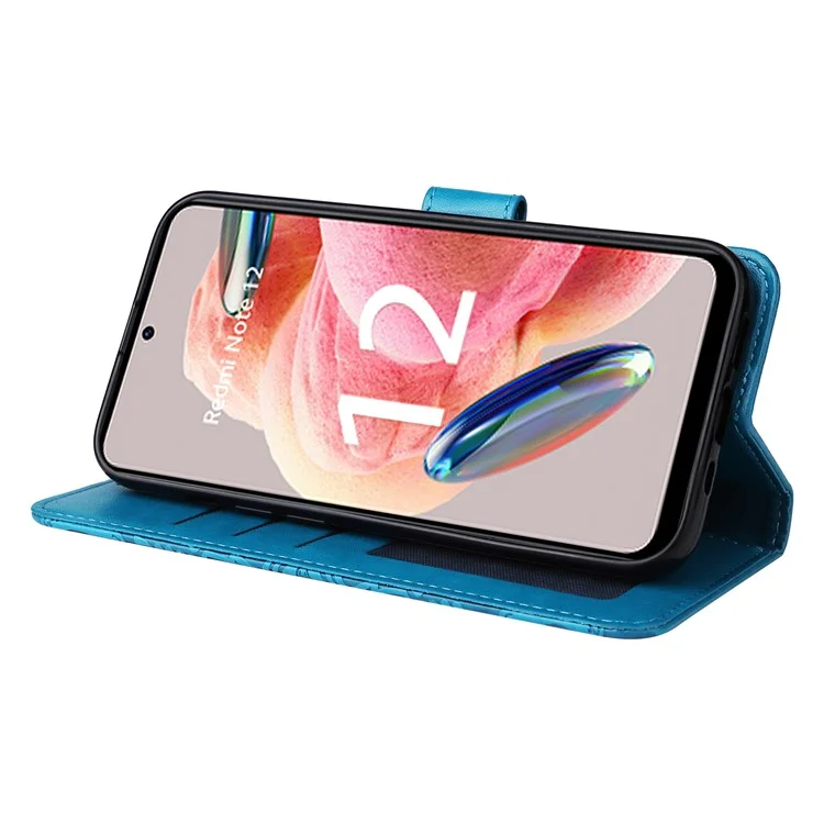Für Xiaomi Redmi Note 12 4G Smartphone Brieftasche Hülle PU-Leder Sonnenblumen Prägung Ständer Cover mit Riemen - Blau