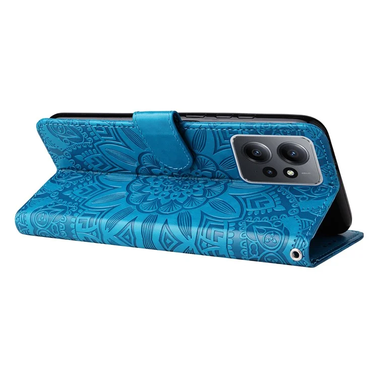 Für Xiaomi Redmi Note 12 4G Smartphone Brieftasche Hülle PU-Leder Sonnenblumen Prägung Ständer Cover mit Riemen - Blau