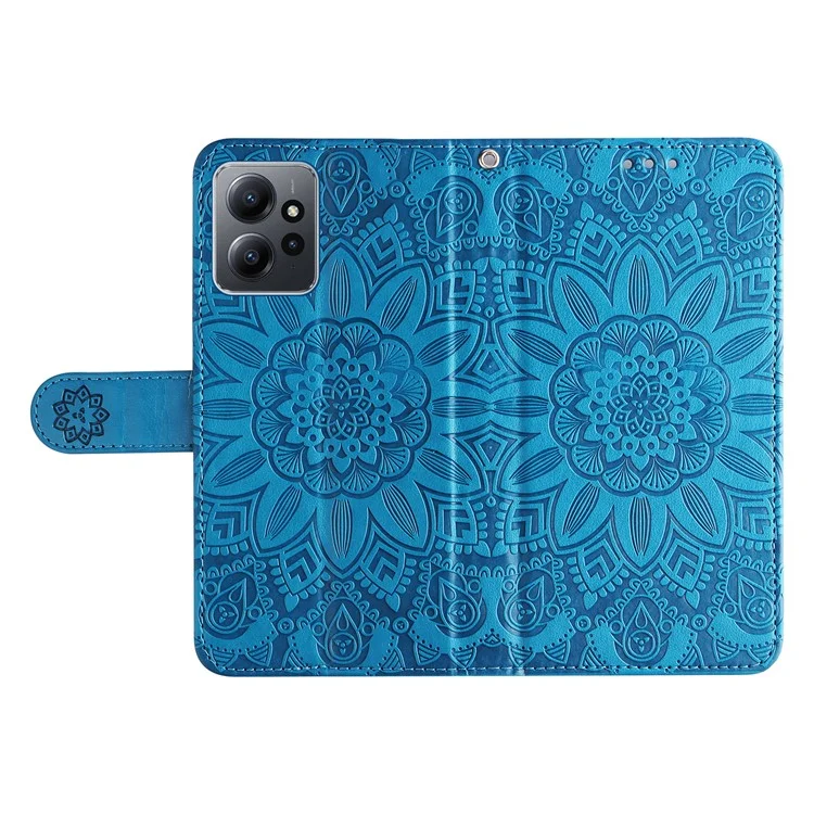 Für Xiaomi Redmi Note 12 4G Smartphone Brieftasche Hülle PU-Leder Sonnenblumen Prägung Ständer Cover mit Riemen - Blau