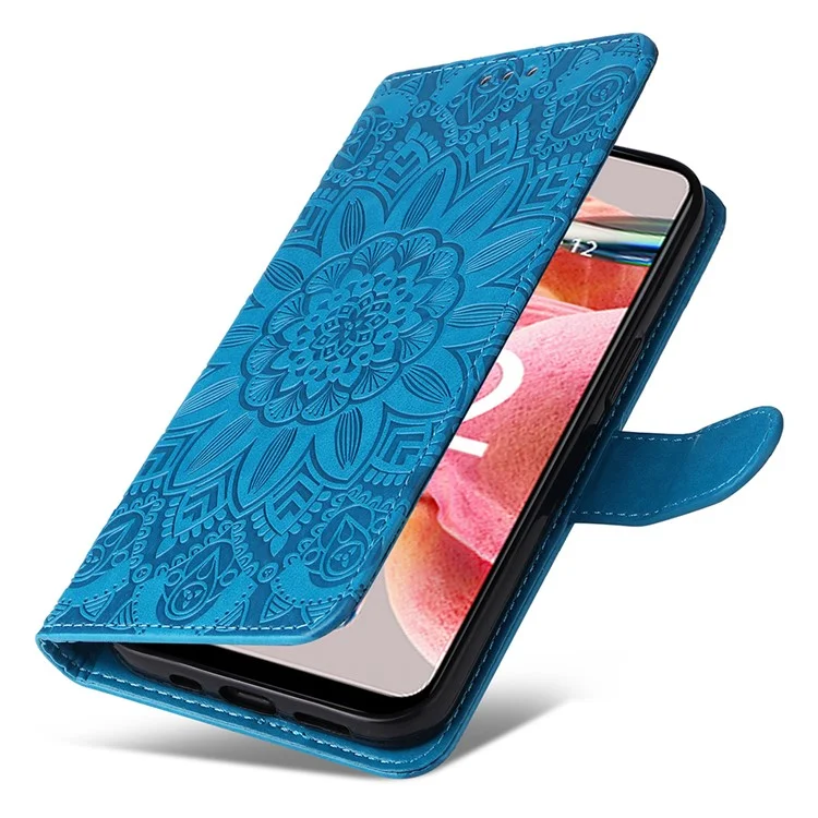 Für Xiaomi Redmi Note 12 4G Smartphone Brieftasche Hülle PU-Leder Sonnenblumen Prägung Ständer Cover mit Riemen - Blau