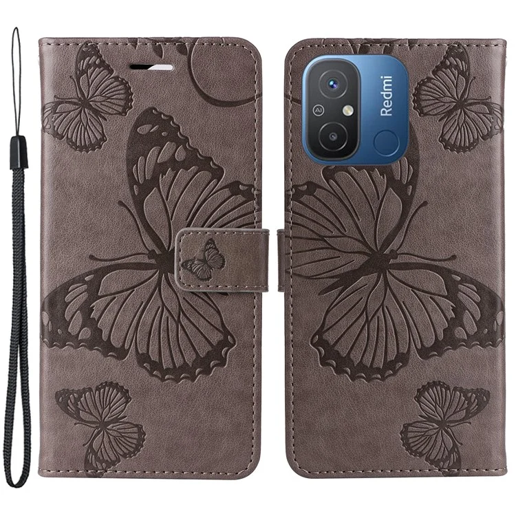 Série de fleurs imprimées KT Imprinting-2 Étui en cuir pour Xiaomi Redmi 12C 4G / 11A 4G Étui portefeuille pour téléphone imprimé avec dragonne - Gris