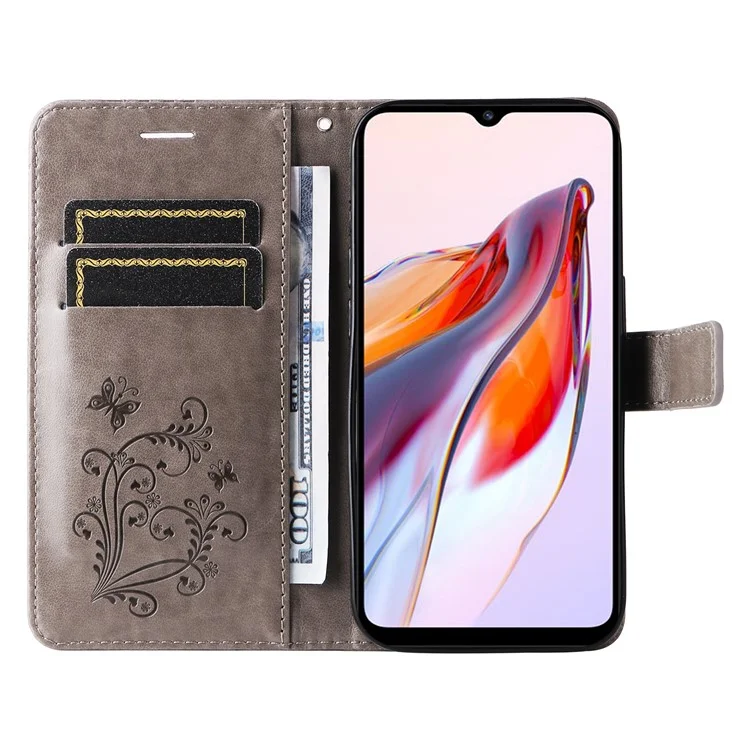 Série de fleurs imprimées KT Imprinting-2 Étui en cuir pour Xiaomi Redmi 12C 4G / 11A 4G Étui portefeuille pour téléphone imprimé avec dragonne - Gris