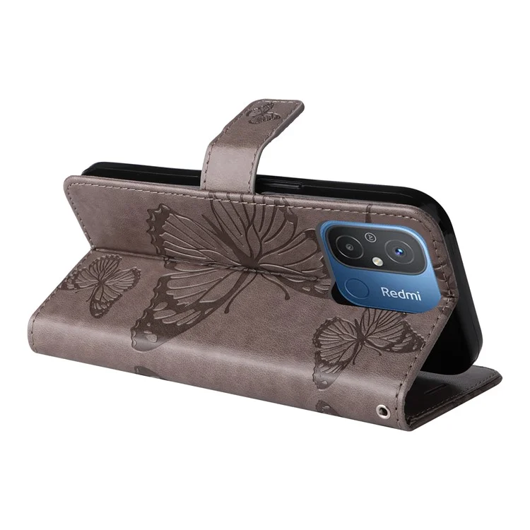 Série de fleurs imprimées KT Imprinting-2 Étui en cuir pour Xiaomi Redmi 12C 4G / 11A 4G Étui portefeuille pour téléphone imprimé avec dragonne - Gris