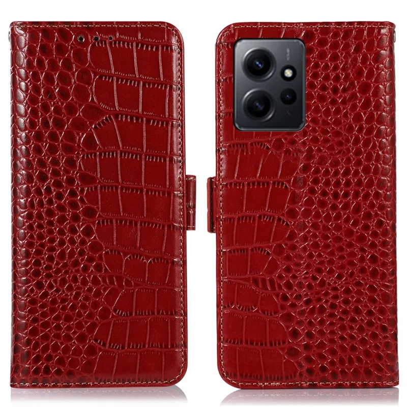 Per Xiaomi Redmi Note 12 4G RFID Blocking Wallet Case Genuine Cowhide Leather Stand Phone Cover - Rosso