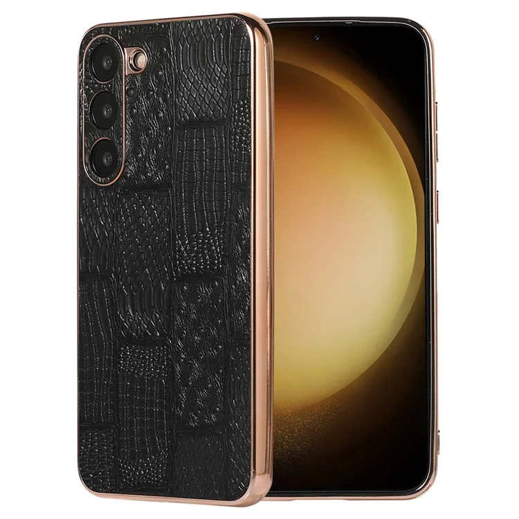 Для Samsung Galaxy S23 Nano Electroplating Phone Case Mahjong Texture Genuine Cowhide Leather+PC+TPU Cover - Black
