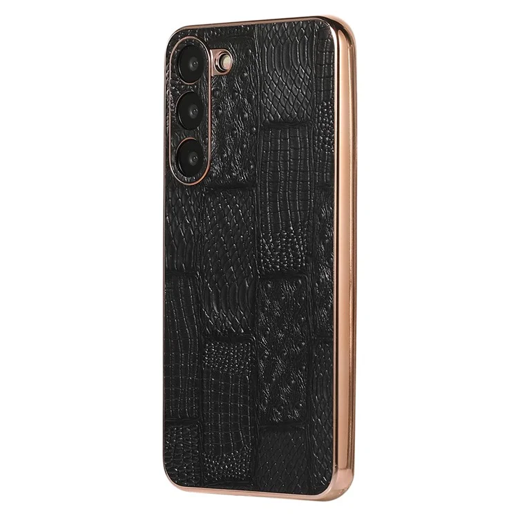 Для Samsung Galaxy S23 Nano Electroplating Phone Case Mahjong Texture Genuine Cowhide Leather+PC+TPU Cover - Black