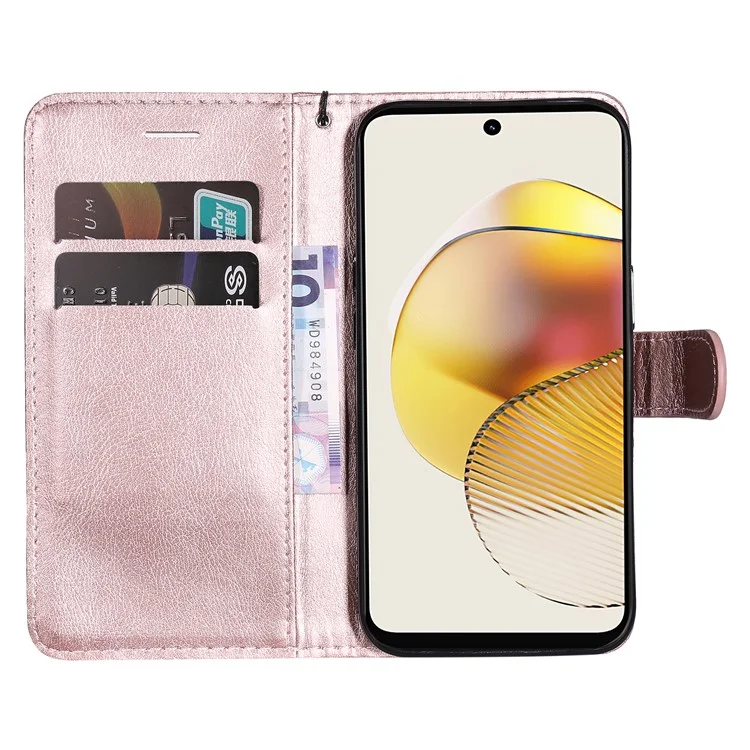 Pour Motorola Moto G73 5G PU Leather Wallet Case Solid Color Stand Phone Cover with Strap - Rose Gold