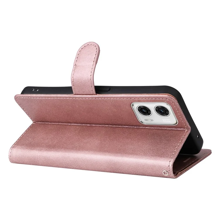 Pour Motorola Moto G73 5G PU Leather Wallet Case Solid Color Stand Phone Cover with Strap - Rose Gold