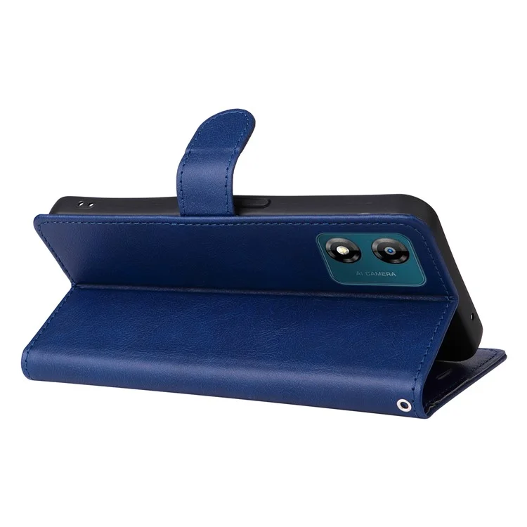 Para Motorola Moto E13 4G Solid Color PU Leather Phone Case Wallet Stand Shockproof Cover with Strap - Azul