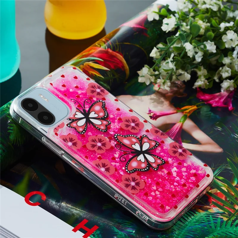 For Xiaomi Redmi A1 4G / A2 4G Embossment Pattern Quicksand Phone Case Anti-scratch TPU Phone Cover - Red Butterfly