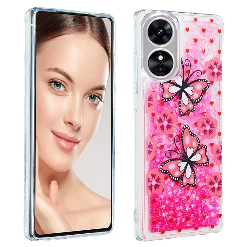 For Oppo A17 4G / A17k 4G Quicksand Phone Case Embossment Pattern Anti-drop Phone TPU Cover - Red Butterfly