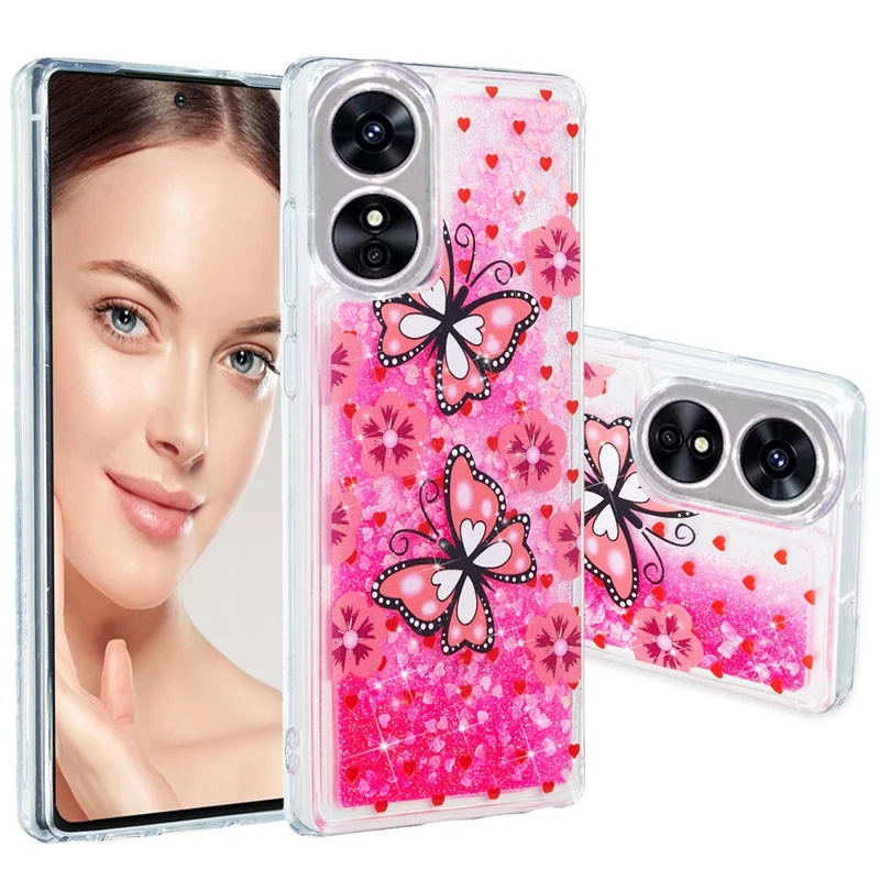 For Oppo A17 4G / A17k 4G Quicksand Phone Case Embossment Pattern Anti-drop Phone TPU Cover - Red Butterfly