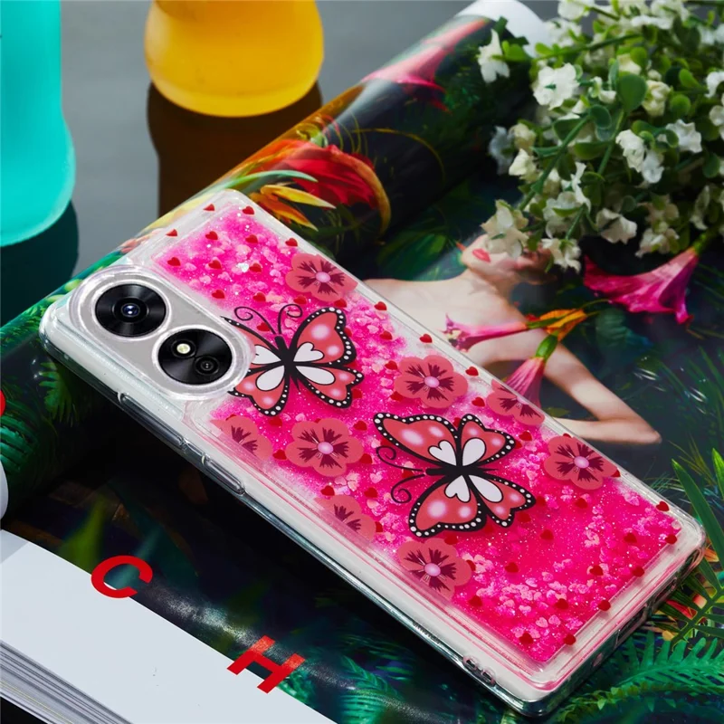 For Oppo A17 4G / A17k 4G Quicksand Phone Case Embossment Pattern Anti-drop Phone TPU Cover - Red Butterfly