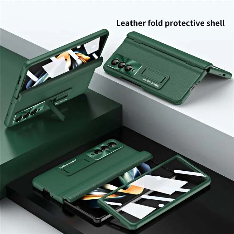 For Samsung Galaxy Z Fold3 5G Leather Coated PC Phone Case Hinge Protection Kickstand Cover with Tempered Glass Film - Green