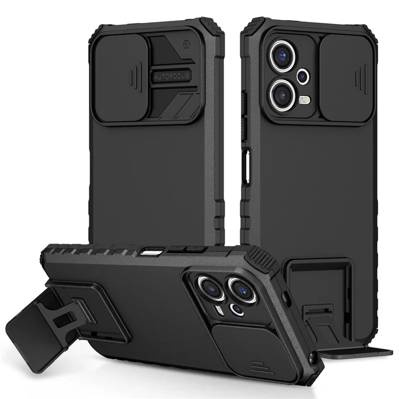 Para Xiaomi Redmi Note 12 5G (India) / Poco X5 5G PC + Funda de teléfono TPU con soporte con tapa deslizante para cámara - Negro