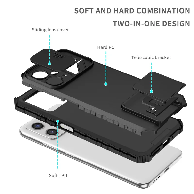 Para Xiaomi Redmi Note 12 5G (India) / Poco X5 5G PC + Funda de teléfono TPU con soporte con tapa deslizante para cámara - Negro