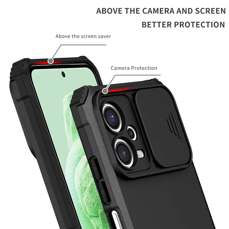 Para Xiaomi Redmi Note 12 5G (India) / Poco X5 5G PC + Funda de teléfono TPU con soporte con tapa deslizante para cámara - Negro