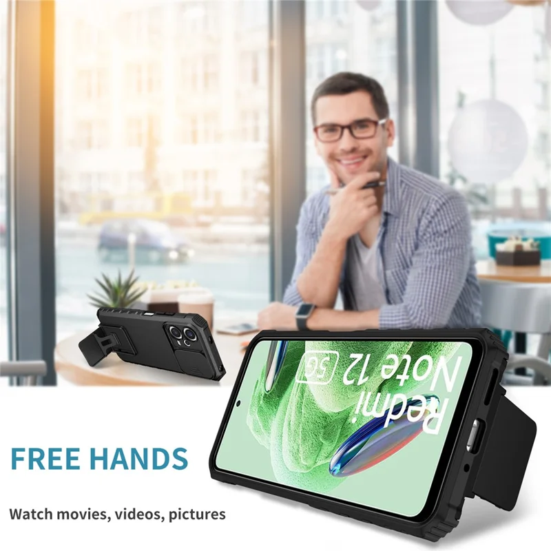 Para Xiaomi Redmi Note 12 5G (India) / Poco X5 5G PC + Funda de teléfono TPU con soporte con tapa deslizante para cámara - Negro