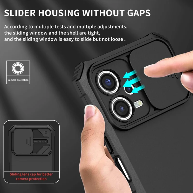 Para Xiaomi Redmi Note 12 5G (India) / Poco X5 5G PC + Funda de teléfono TPU con soporte con tapa deslizante para cámara - Negro