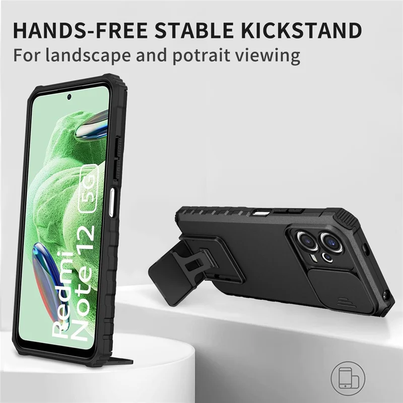 Para Xiaomi Redmi Note 12 5G (India) / Poco X5 5G PC + Funda de teléfono TPU con soporte con tapa deslizante para cámara - Negro