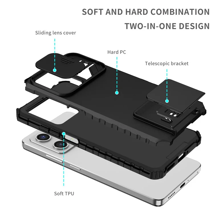 Kickstand Phone Case for Xiaomi Redmi Note 12 Pro 5G / Note 12 Pro Speed 5G / Poco X5 Pro 5G , Slide Camera Protection PC + TPU Back Cover - Black