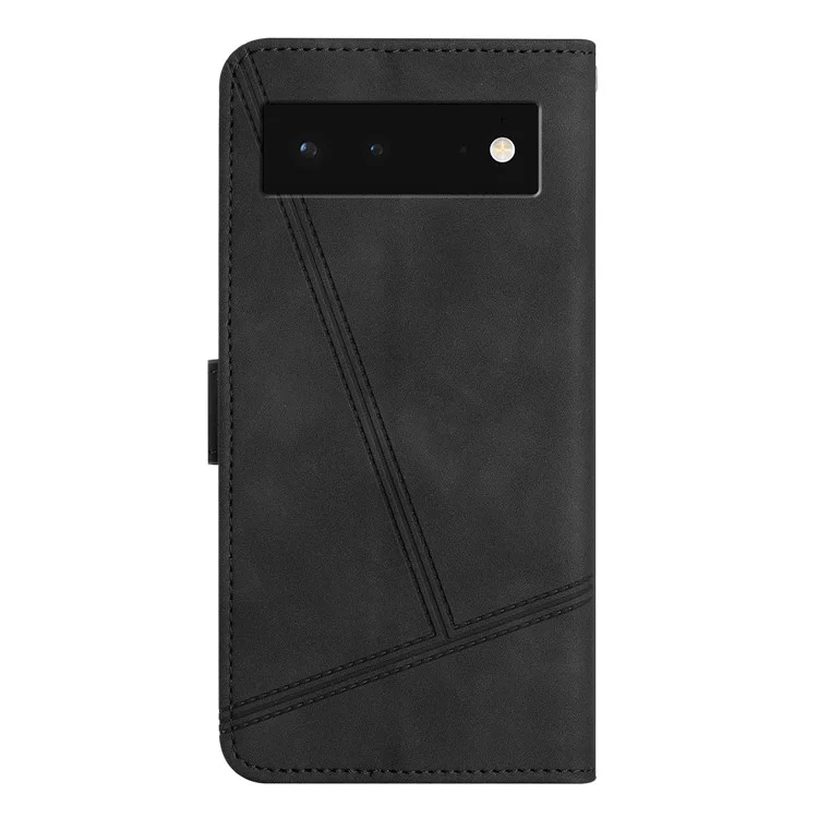 PU Leather Phone Shell for Google Pixel 6 Imprinted Line Skin-touch Anti-drop Cover with Wallet Stand - Black