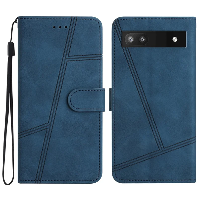 For Google Pixel 6a Skin-touch PU Leather Imprinted Line Phone Shell Wallet Protective Stand Cover - Blue