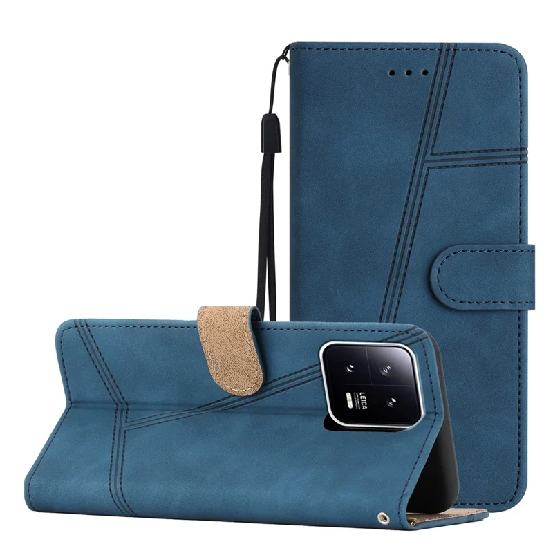 Für Xiaomi 13 Pro 5G PU-Leder geprägte Linien-Handyhülle Brieftasche Hautkontakt-schützende Ständer-Abdeckung - Blau