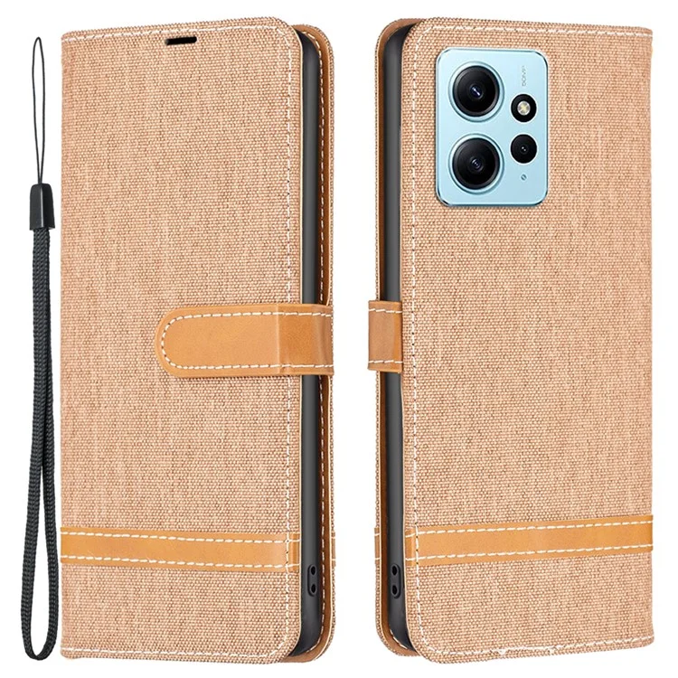 Per Xiaomi Redmi Note 12 4G Jeans Cloth Splicing PU Leather Phone Cover Phone Case con Stand Wallet - Marrone