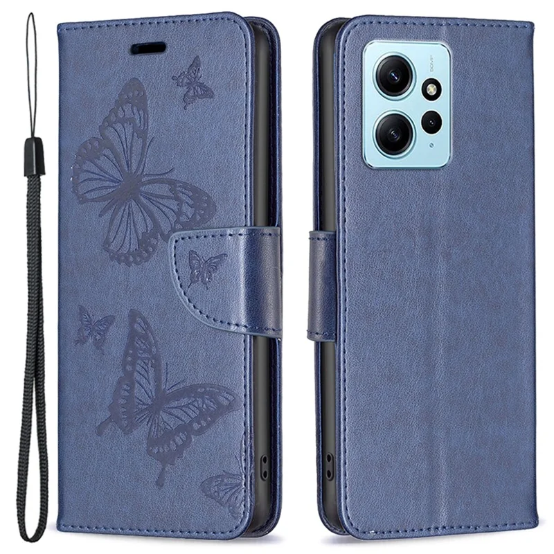 Wallet Stand Case for Xiaomi Redmi Note 12 4G Butterfly Imprinted Leather Phone Cover with Strap - Blue