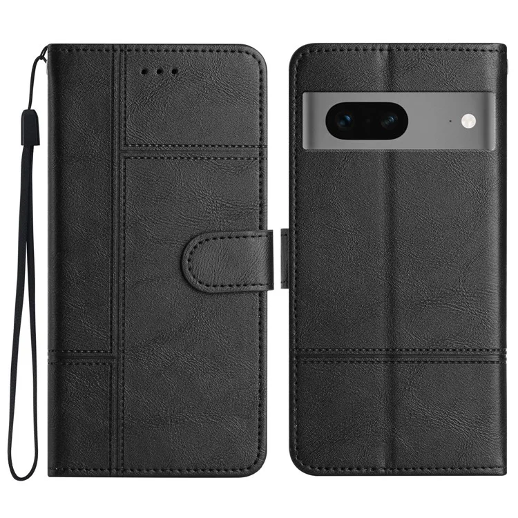 Para Google Pixel 7 5G PU Leather Wallet Stand Cover Line Imprinted Cowhide Texture Business Phone Case - Negro