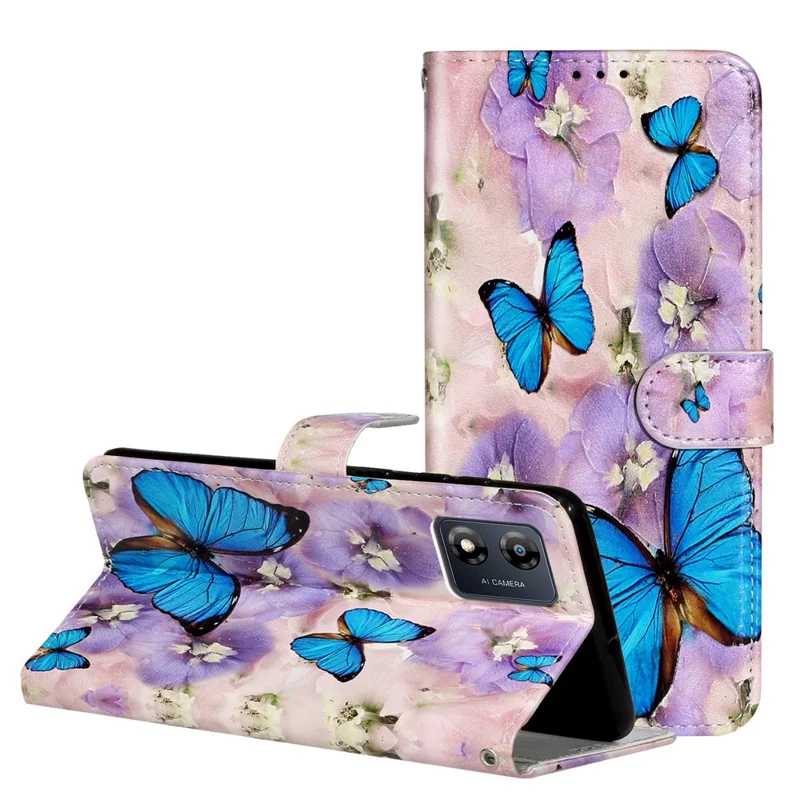 For Motorola Moto E13 4G Mønsterprintet telefonbeskytter i PU-læder med stå og wallet - Lilla blomst / Blå sommerfugl