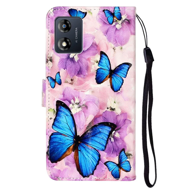 For Motorola Moto E13 4G Mønsterprintet telefonbeskytter i PU-læder med stå og wallet - Lilla blomst / Blå sommerfugl
