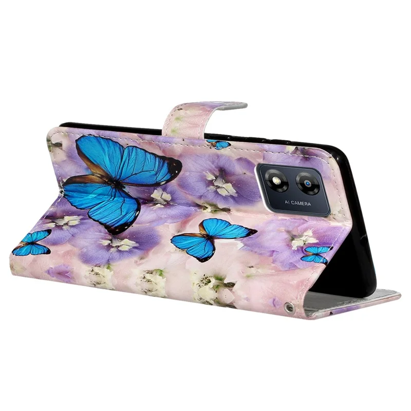 For Motorola Moto E13 4G Mønsterprintet telefonbeskytter i PU-læder med stå og wallet - Lilla blomst / Blå sommerfugl
