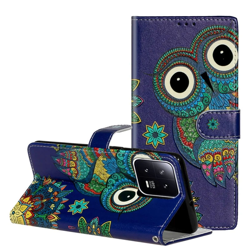 Für Xiaomi 13 5G Wallet Phone Case PU Leder Muster Bedruckung Ständer Abdeckung mit Riemen - Eule