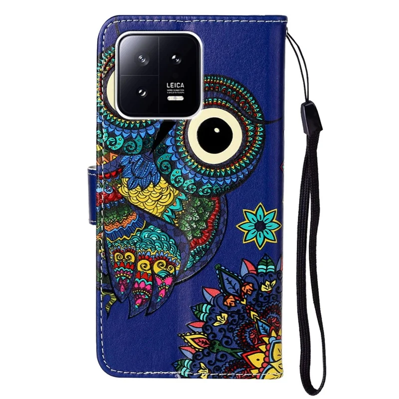 Für Xiaomi 13 5G Wallet Phone Case PU Leder Muster Bedruckung Ständer Abdeckung mit Riemen - Eule