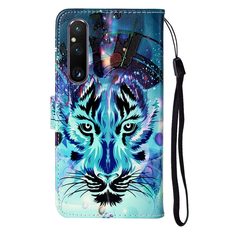 Para Sony Xperia 1 V Flip Wallet Phone Case Pattern Printing PU Leather Stand Protective Cover with Strap - Wolf